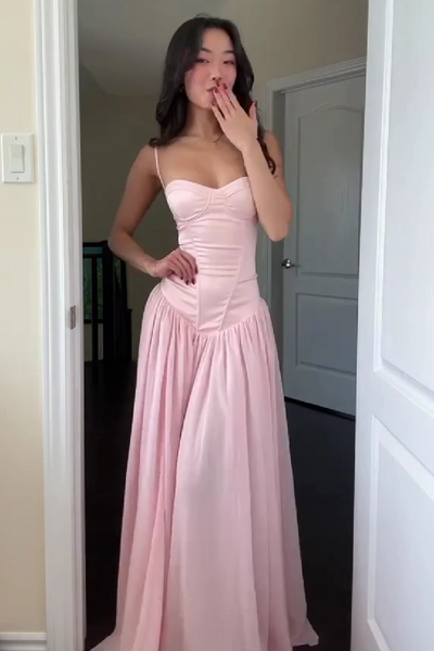 A Line Spaghetti Straps Pink Corset Prom Dress With Ruffles Formal Evening Gown