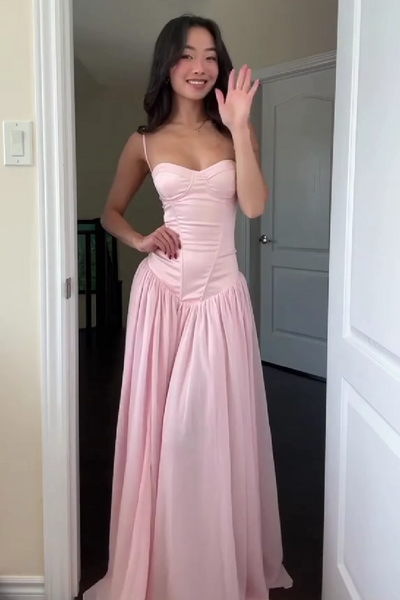 A Line Spaghetti Straps Pink Corset Prom Dress With Ruffles Formal Evening Gown