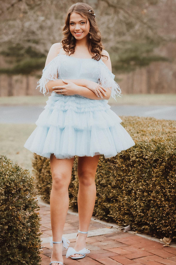 Pretty A-Line Cold Shoulder Lavender Tulle Short Homecoming Dresses with Feather VK240902607 Vickidress Pretty A-Line Cold Shoulder Lavender Tulle Short Homecoming Dresses with Feather VK240902607 Vickidress