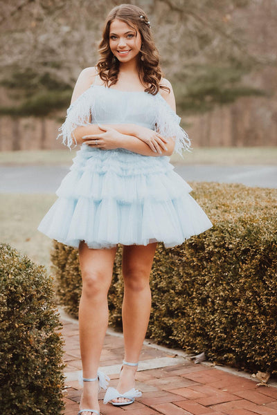 Pretty A-Line Cold Shoulder Lavender Tulle Short Homecoming Dresses with Feather VK240902607
