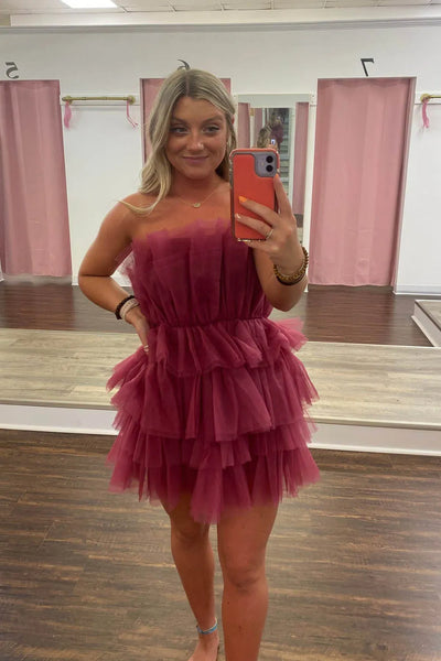 Pretty A-Line Strapless Ruffle Tiered Pink Tulle Short Homecoming Dresses VK24082401