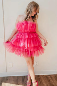 Pretty A-Line Strapless Ruffle Tiered Pink Tulle Short Homecoming Dresses VK24082401