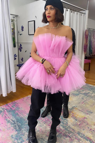 Pretty A-Line Strapless Ruffle Tiered Pink Tulle Short Homecoming Dresses VK24082401