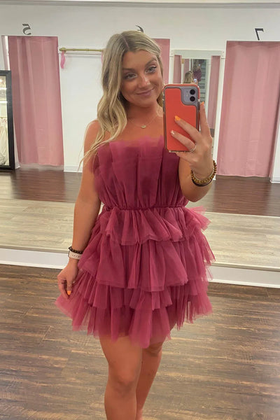 Pretty A-Line Strapless Ruffle Tiered Pink Tulle Short Homecoming Dresses VK24082401