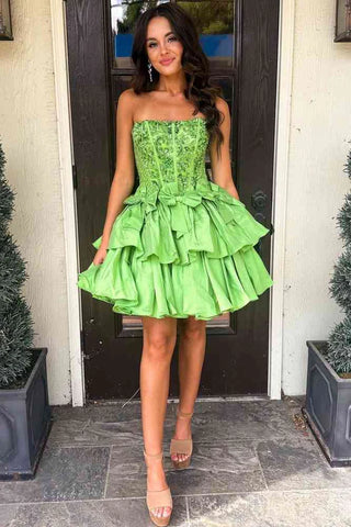 Pretty A-Line Strapless Sage Green Ruffle Short Homecoming Dress VK24082703
