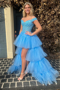 Pretty Blue High Low Ruffle Tulle Homecoming Dress with Lace VK23101307