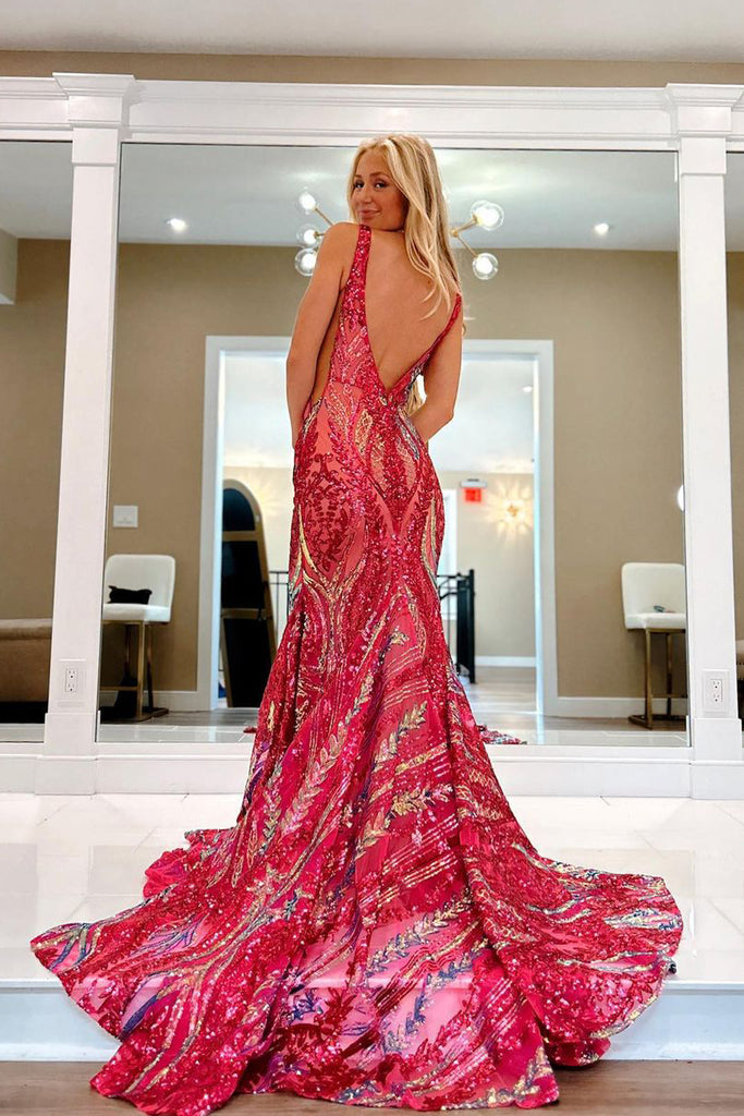 Sparkly Mermaid V Neck Sequins Long Prom Dresses VK23101505