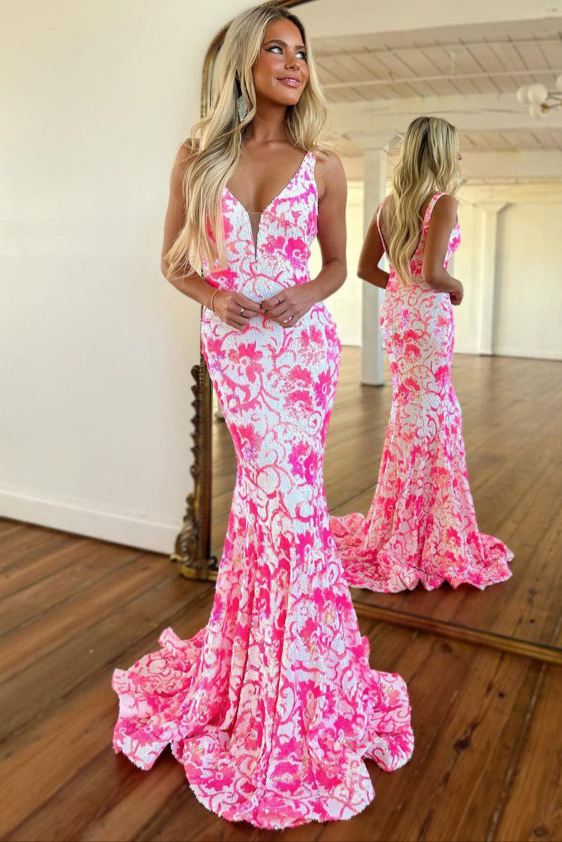 Pretty Pink V Neck Sequin Lace Mermaid Prom Dress VK23120701