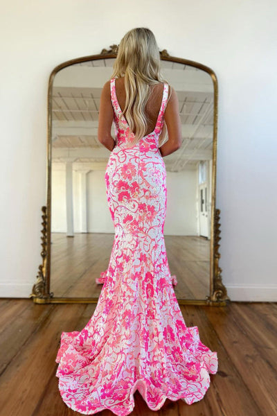 Pretty Pink V Neck Sequin Lace Mermaid Prom Dress VK23120701