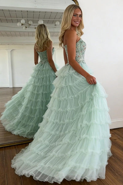 Princess Mint Green Tiered Tulle Prom Dress With Floral Embroidered Corset Formal Evening Gown