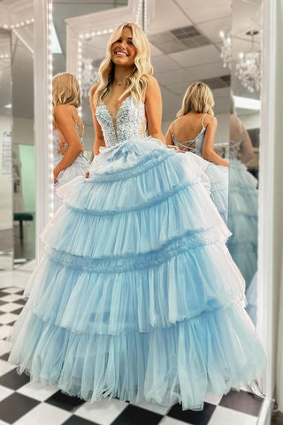 Princess Ball Gown Sky Blue V Neck Ruffle Tiered Tulle Long Prom Dresses VK240807150-1