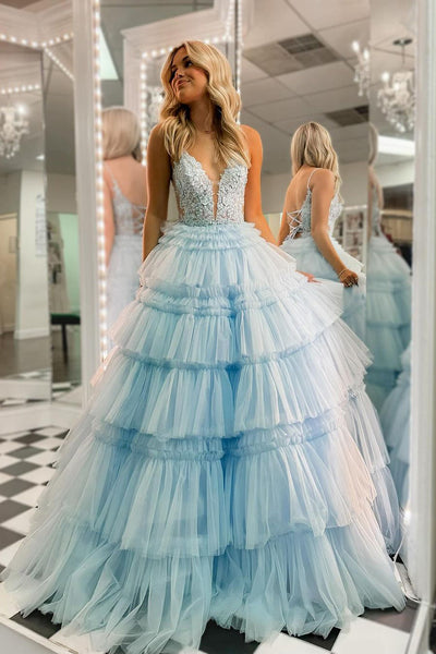Princess Ball Gown Sky Blue V Neck Ruffle Tiered Tulle Long Prom Dresses VK240807150-2
