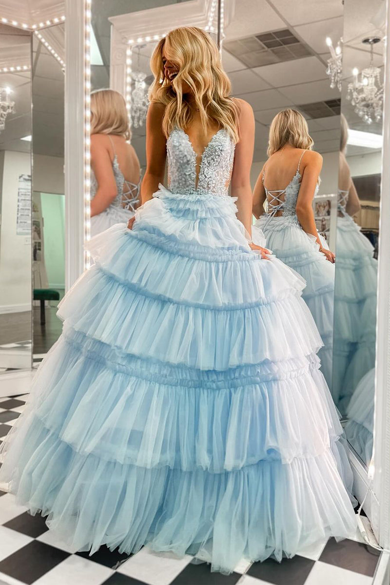 Sky blue long prom dresses on sale