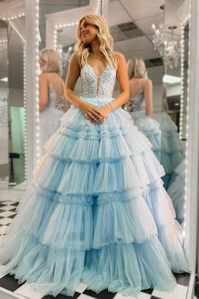 Princess Ball Gown Sky Blue V Neck Ruffle Tiered Tulle Long Prom Dresses VK240807150-4