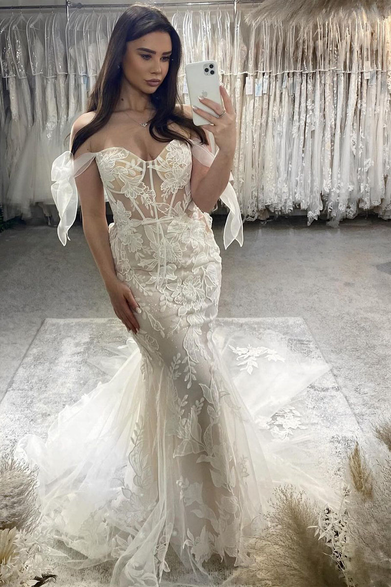 Princesss Mermaid Off the Shoulder Tulle Appliques Wedding Dresses VK24030202