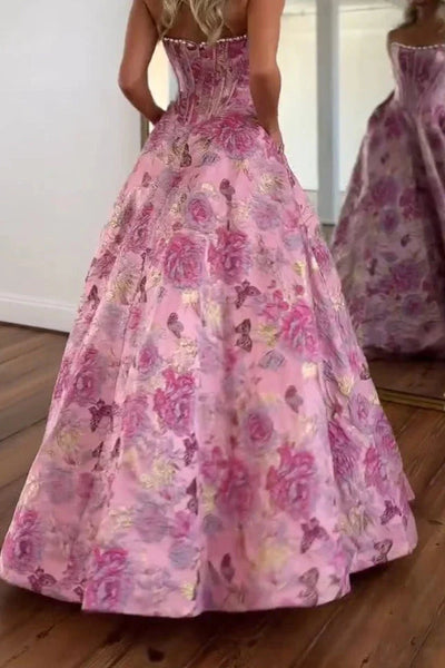 Stunning A Line Scoop Neck Jacquard Satin Long Prom Dress with Pearls VK160804