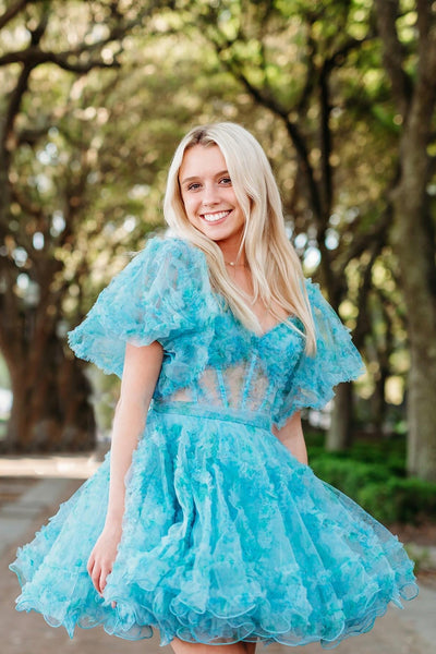 Puff Sleeves Blue Floral Print Ruffle Short Dress