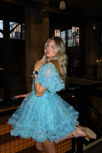 Puff Sleeves Blue Floral Print Ruffle Short Dress