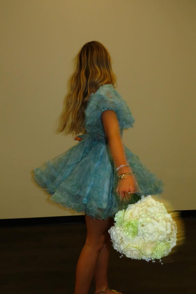 Puff Sleeves Blue Floral Print Ruffle Short Dress