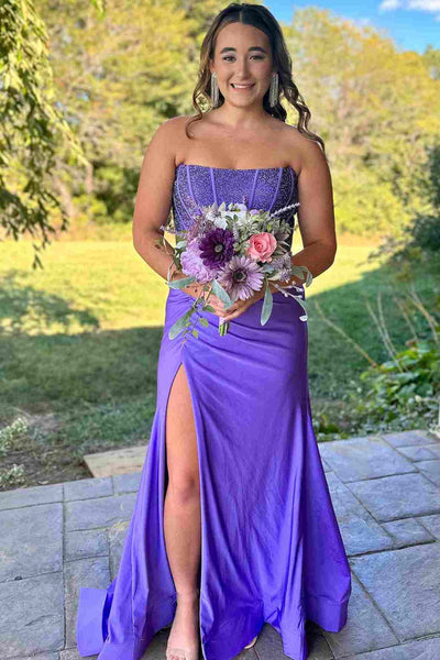 Gorgeous Sparkly White Mermaid Scoop Neck Satin Prom Dresses with Slit