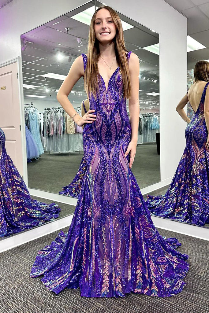 Purple Sequin V-Neck Open Back Mermaid Long Prom Dress Y1670 main image 0