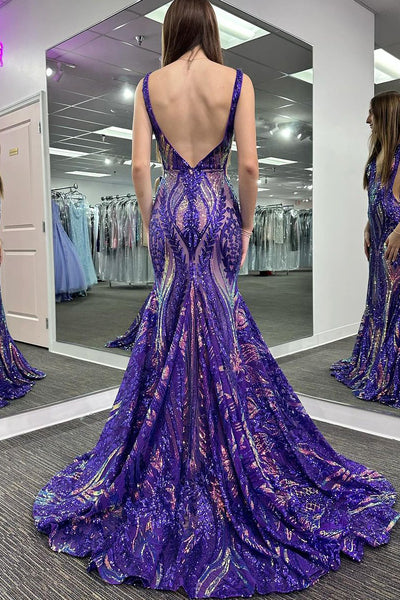 Pretty Fuchsia Sequin Lace V Neck Mermaid Long Prom Dresses VK23120503