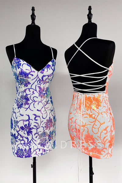 Purple and orange V Neck Sequins Short Tight Homecoming Dresses VK081403-2