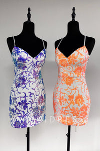 Purple and orange V Neck Sequins Short Tight Homecoming Dresses VK081403
