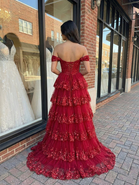 Red Off The Shoulder Tiered Ruffle Corset Prom Dress with Slit