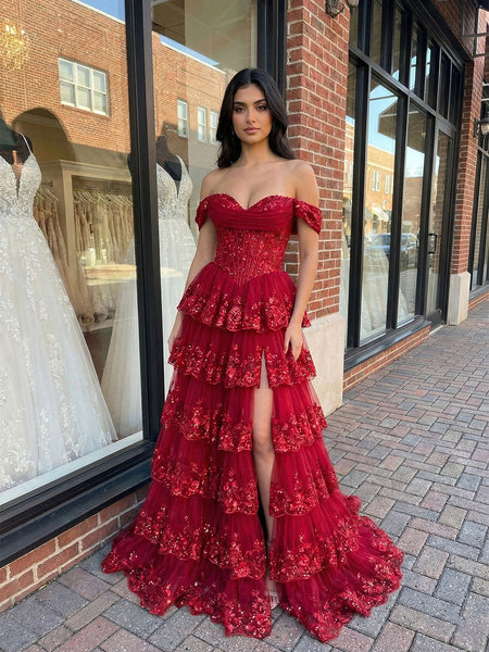 Red Off The Shoulder Tiered Ruffle Corset Prom Dress with Slit