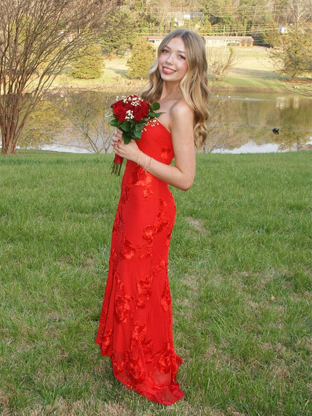 Red Strapless 3D Floral Ankle-Length Prom Dress VK26031512