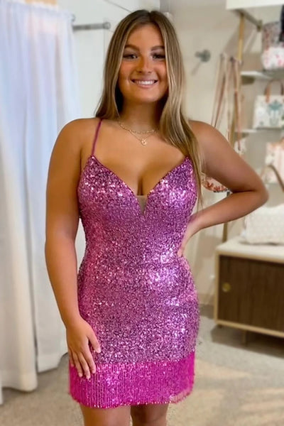 Red Sequins V Neck Tight Homecoming Dress with Fringes VK23091903
