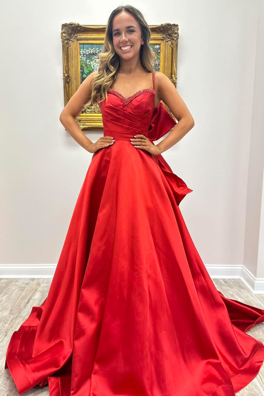 Red Sweetheart Satin A-Line Long Prom Dresses with Beadings VK24082602