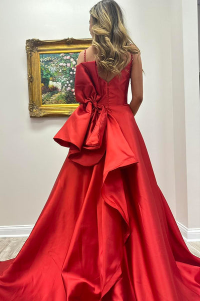 Red Sweetheart Satin A-Line Long Prom Dresses with Beadings VK24082602