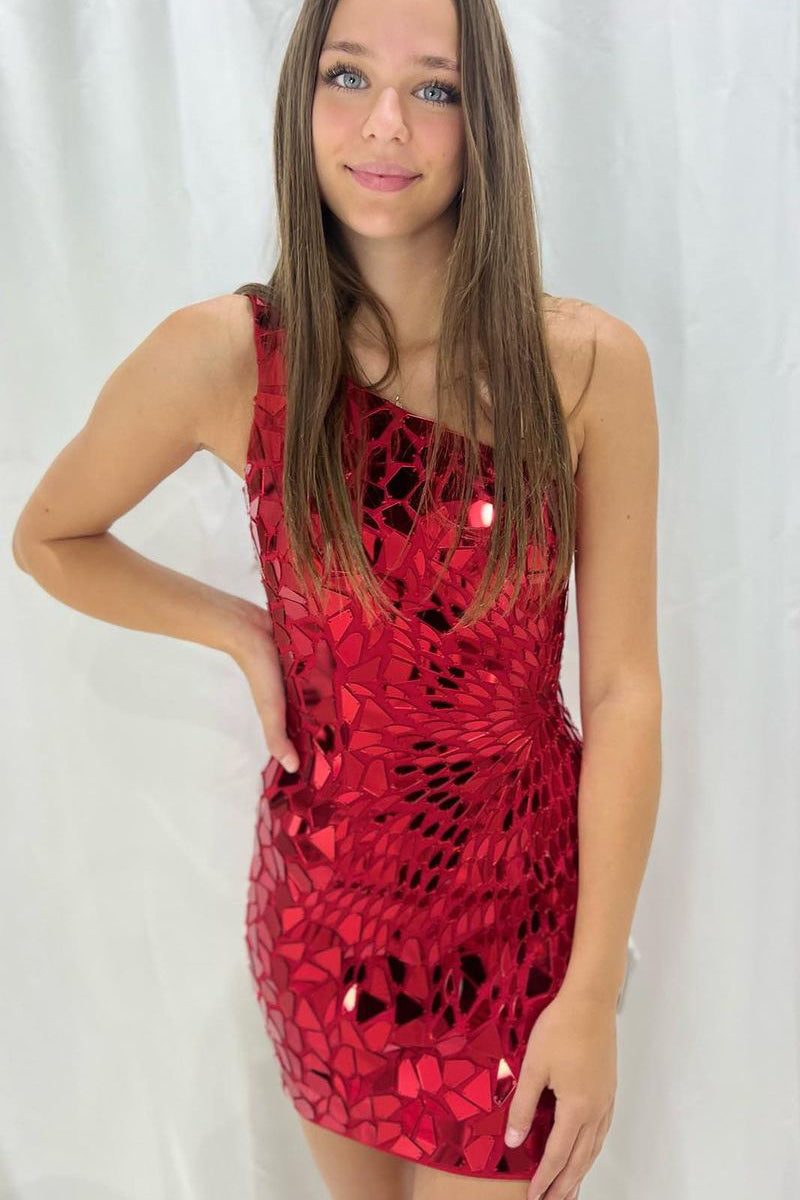 Red Tight One Shoulder Cut Glass Mirror Short Homecoming Dress VK23090705-1