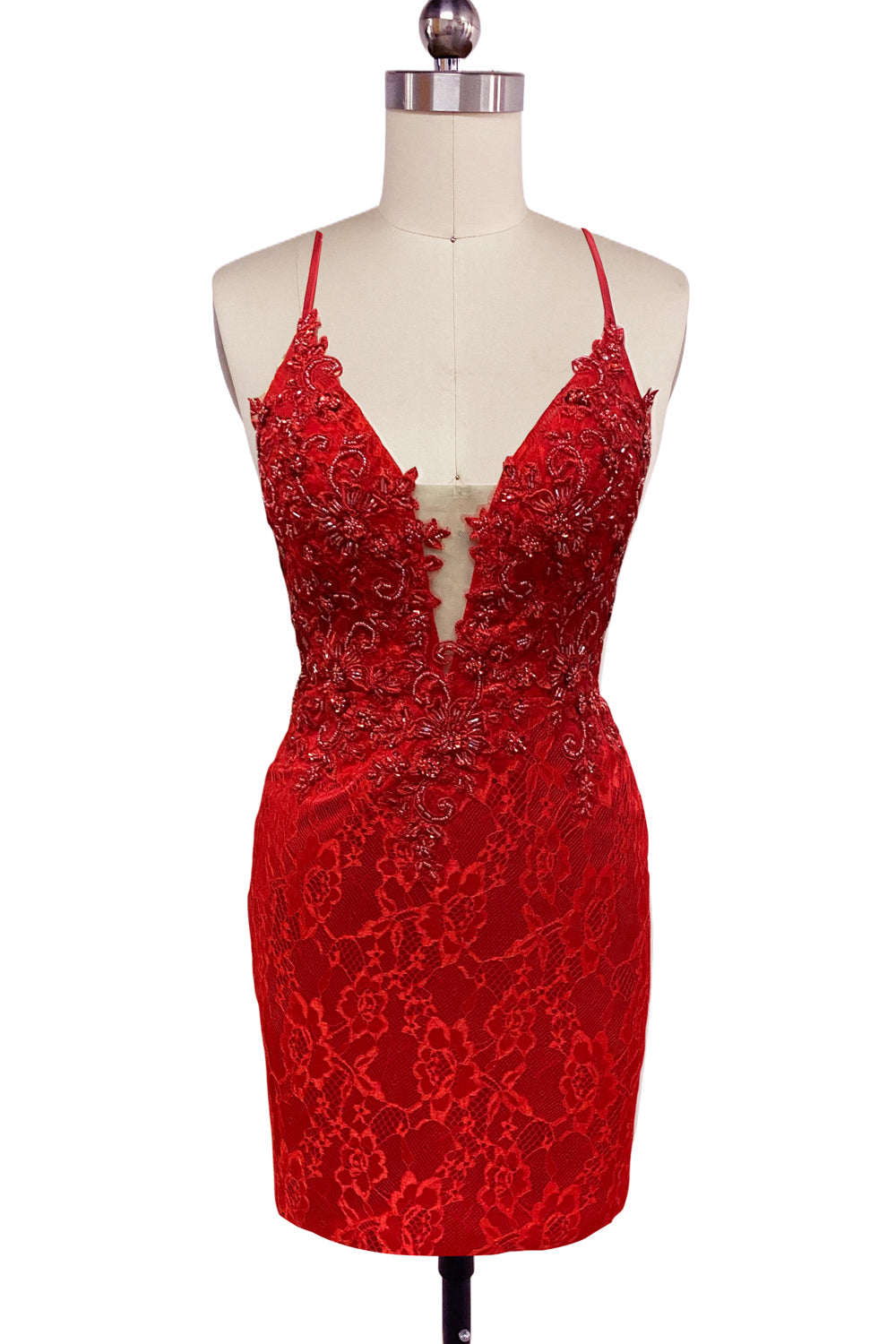 Red V Neck Lace Short Tight Homecoming Dresses with Beadings VK081406