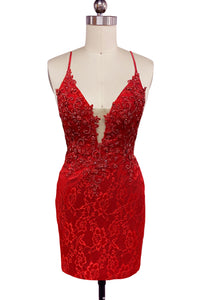 Red V Neck Lace Short Tight Homecoming Dresses with Beadings VK081406