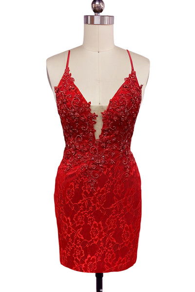 Red V Neck Lace Short Tight Homecoming Dresses with Beadings VK081406