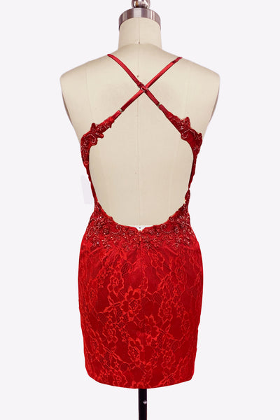 Red V Neck Lace Short Tight Homecoming Dresses with Beadings VK081406