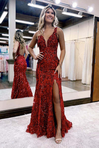 Red V Neck Sequins Lace Long Mermaid Prom Dress VK23100404-3