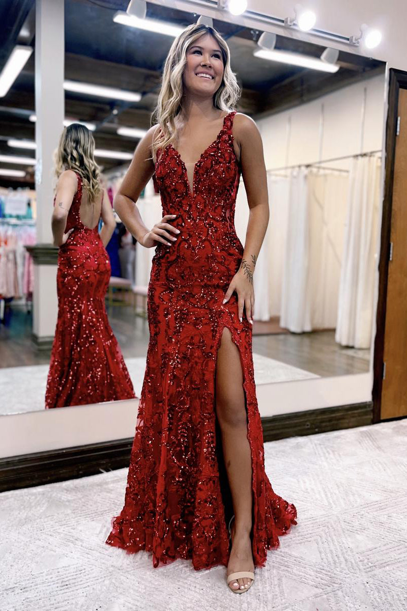 Red V Neck Sequins Lace Long Mermaid Prom Dress VK23100405