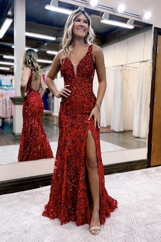 Red V Neck Sequins Lace Long Mermaid Prom Dress VK23100405
