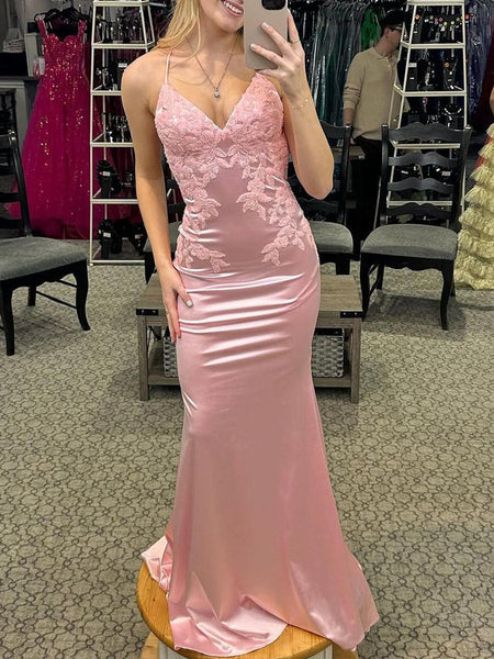 Romantic Light Pink Satin Prom Dress with Floral Lace Appliqués