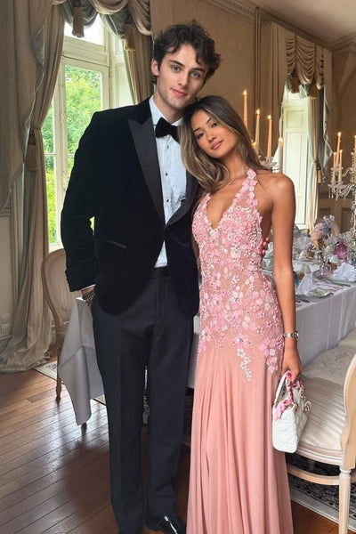 Romantic Pink Halter Neck Tie Back Prom Dress with 3D Floral Lace Appliqué