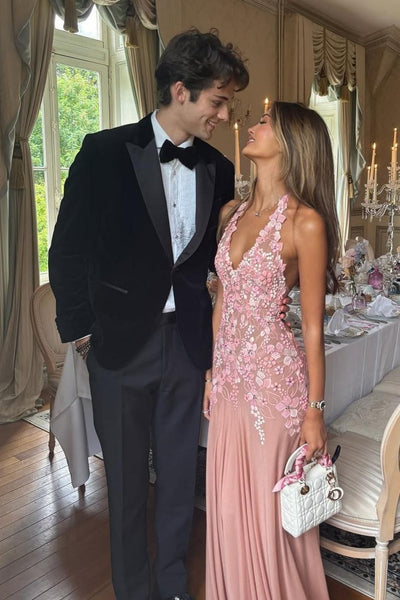 Romantic Pink Halter Neck Tie Back Prom Dress with 3D Floral Lace Appliqué