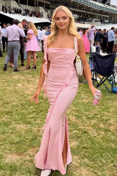 Romantic Square Neck Ruffle Trim Satin Mermaid Dress with Open Back and High Slit