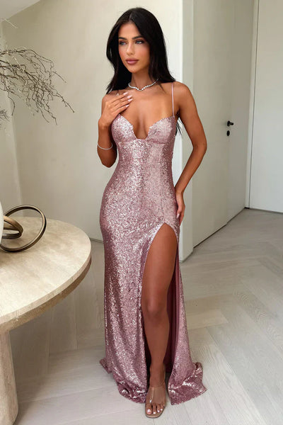 Rose Gold Satin V-Neck Backless Strapless Dress with Side Slit for Party Prom Wedding