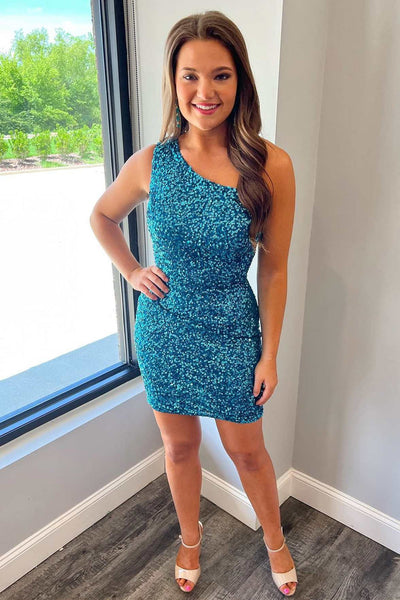 Royal Blue Sequins One-Shoulder Tight Short Homecoming Dress VK23092002