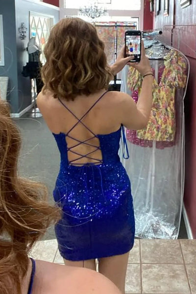 Royal Blue V Neck Sequins Short Tight Homecoming Dress with Appliques VK24082701