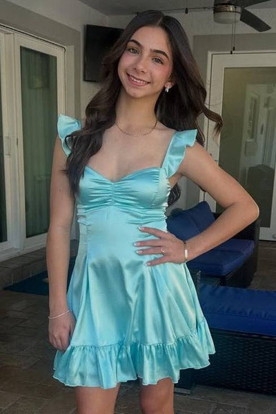 Ruffle Strap Aqua Ruffle Hem Short Dress